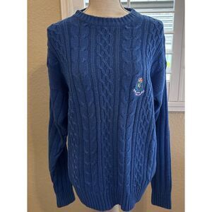 Chaps Ralph Lauren Blue Cable Knit Sweater Vintage 90s Crest Cabin Core Preppy M